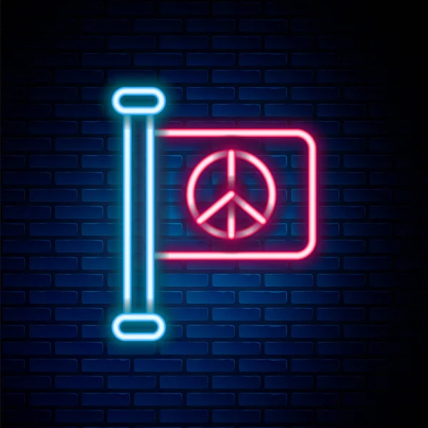ネオンラインの輝きレンガの壁の背景に隔離された旗の平和アイコン 平和のヒッピーシンボル カラフルなアウトラインコンセプト ベクトル — ストックベクタ