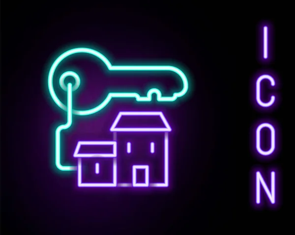 Linea Neon Incandescente Casa Vincente Con Icona Chiave Isolata Sfondo — Vettoriale Stock