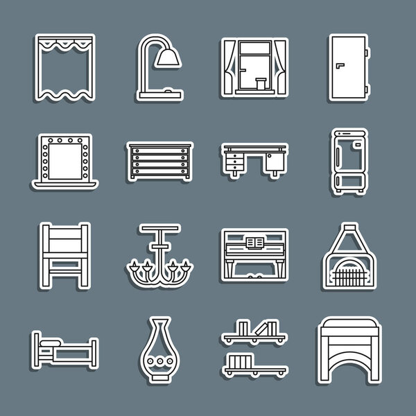 Set line Chair, Interior fireplace, Refrigerator, Window with curtains, Chest of drawers, Makeup mirror lights, Curtains and Office desk icon. Vector