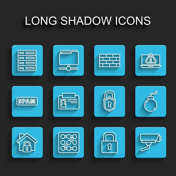 保護下のラインハウスを設定します グラフィックパスワード サーバー データ ウェブホスティング ロック セキュリティカメラ 識別バッジ 爆発する準備ができて爆弾とアイコン ベクトル — ストックベクタ