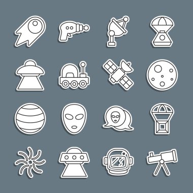 Teleskop hattı, paraşütle uçan kutu, Mars gezegeni, uydu anteni, gezgin, UFO uzay gemisi kuyruklu yıldız hızla yere düşüyor ve ikon. Vektör
