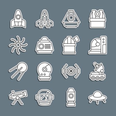 UFO uçan uzay gemisi, Mars gezgini, astronot kaskı, uzay kapsülü, kara delik, Roket ve Astronomik Gözlemevi ikonu. Vektör