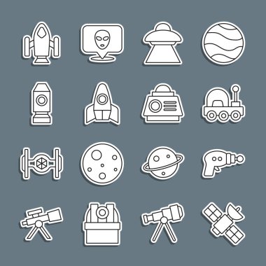 Uydu hattı, ışın silahı, Mars aracı, UFO uçan uzay gemisi, Roket ve uzay kapsülü ikonu. Vektör