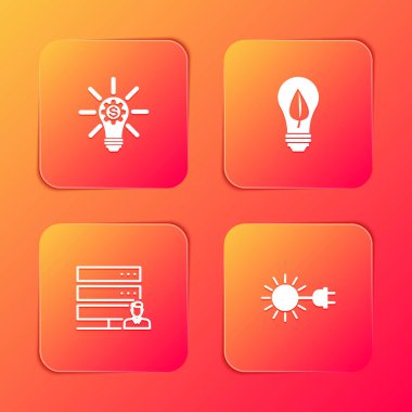 Ampulü teçhizatlı, yapraklı, müşteri hizmetleri sunuculu ve güneş prizi ikonlu ayarla. Vektör.