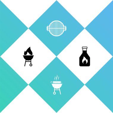 Barbekü ızgarası, ızgara şiş kebap ve ketçap şişesi ikonu hazırla. Vektör.