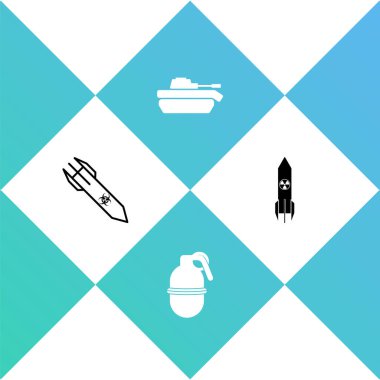 Biyolojik tehlike roketini, el bombasını, askeri tankı ve nükleer ikonu hazırlayın. Vektör.