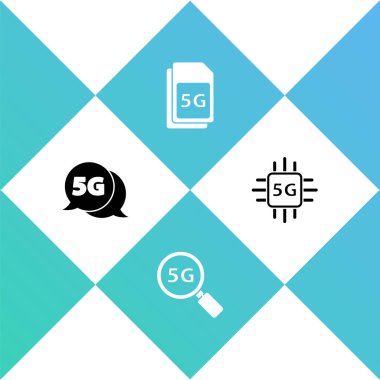 5G ağını, Arama, Sim Kart ve İşlemci simgesini ayarla. Vektör.