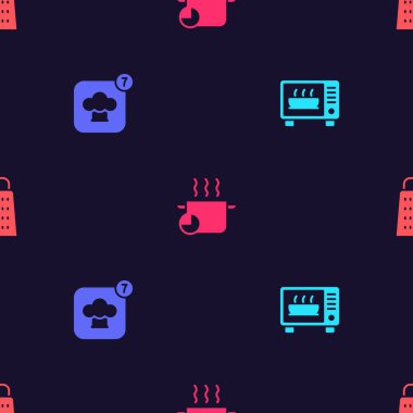 Mikrodalga fırın, Şef şapkası, tencere ve Grater 'ı kusursuz desene ayarlayın. Vektör