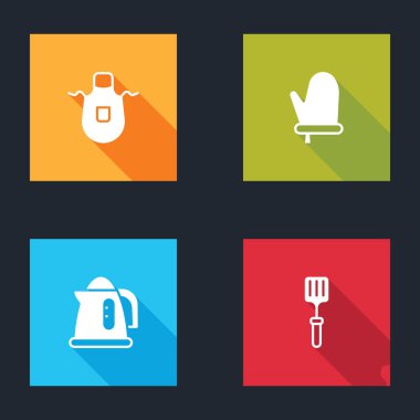 Mutfak önlüğü, fırın eldiveni, elektrikli su ısıtıcısı ve barbekü spatula ikonu. Vektör