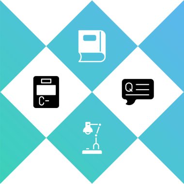 Sınav kağıdını yanlış cevaplarla ayarla, Masa lambası, Kitap ve Konuşma baloncukları Soru simgesi. Vektör