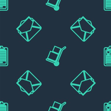 Hat çizgisi, el arabası ve kutular, e-posta ve dişçi kartı ile kusursuz desenli pano. Vektör.