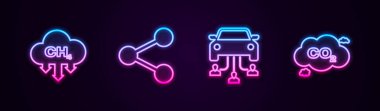 Metan emisyonlarının azaltılması, paylaşımı, araba paylaşımı ve CO2 bulutunu ayarlayın. Parlayan neon ikonu. Vektör.