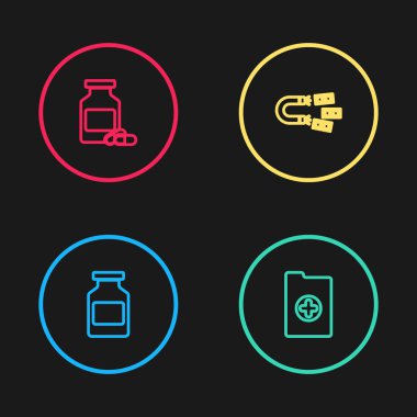 İlaç şişesi, klinik kaydı, para ve ilaç ikonu olan mıknatıs. Vektör.