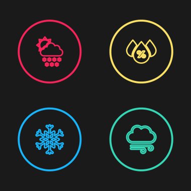 Çizgi çizgisi Kar Tanesi, Rüzgârlı Hava, Su Damlası yüzdesi ve Kar ve Güneş ikonu ile Bulut. Vektör.