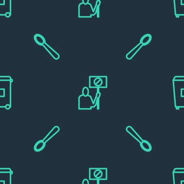 Doğa koruma protestosunu, tek kullanımlık plastik kaşığı ve çöp tenekesini pürüzsüz kalıba göre ayarla. Vektör.