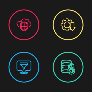 Hat konumunu satış hunisi, sunucu güvenlik kilidi, maliyet azaltma ve bulut ve kalkan simgesi ile ayarlayın. Vektör.