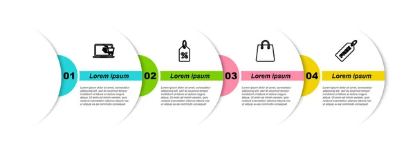 在笔记本电脑上设置线购物车 打折百分比标签 手提包和免费价格 业务信息模板 — 图库矢量图片