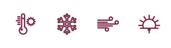 設定ライン気象温度計 雪の結晶と日の出のアイコン ベクトル — ストックベクタ