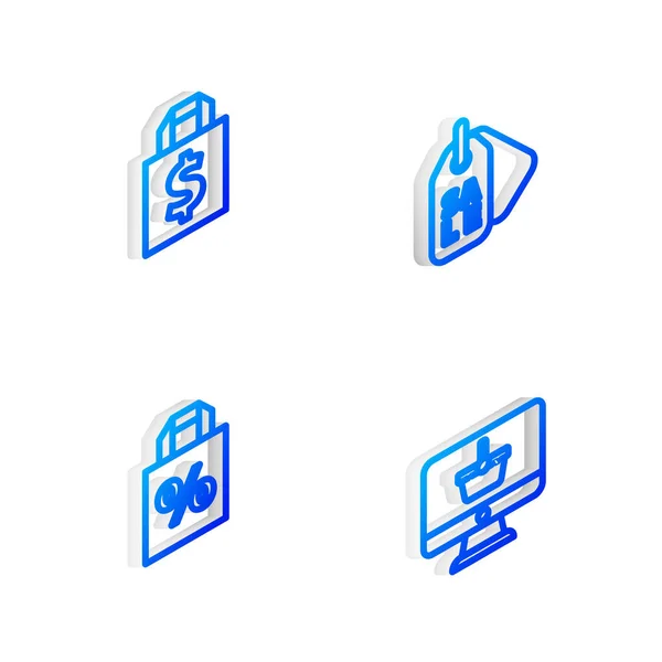 Stel Isometrische Lijn Prijskaartje Met Sale Winkeltas Dollar Procentuele Korting — Stockvector