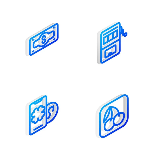 Conjunto Línea Isométrica Ranura Máquina Pila Papel Moneda Efectivo Juego — Archivo Imágenes Vectoriales