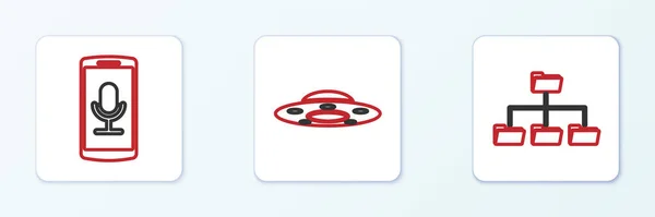 Set Line Folder Tree Mobile Recording Ufo Flying Spaceship Icon — Stock Vector