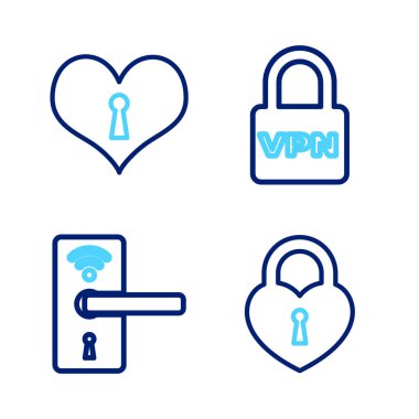 Castle 'ı kalp şeklinde ayarla, kablosuz dijital kapı kilidi, Lock VPN ve Heart anahtar deliği simgesi. Vektör