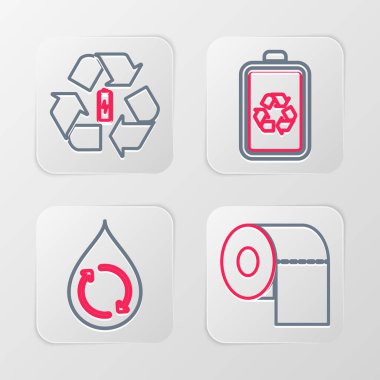 Tuvalet kağıdı rulosunu ayarla, temiz suyu geri dönüştür, geri dönüşümlü pil ve ikon kullan. Vektör