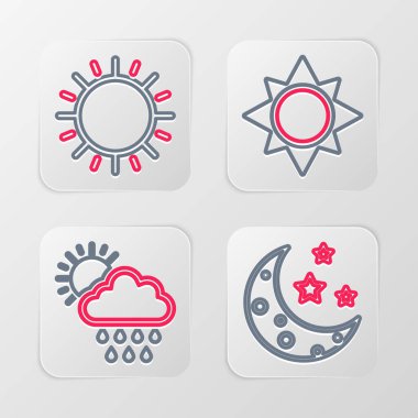 Ay ve yıldızlar, yağmur güneşi, güneş ve ikonu olan bulutlar. Vektör