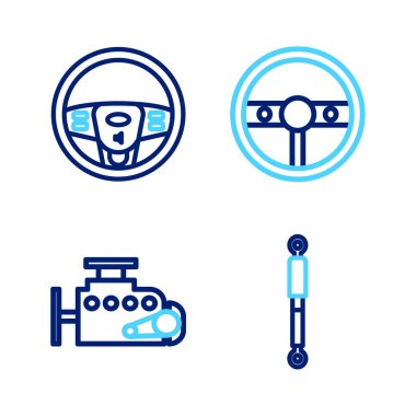 Hat, şok emici, araba motoru, direksiyon ve ikon ayarlayın. Vektör