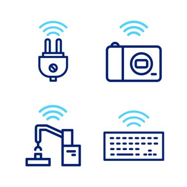 Kablosuz klavye, robot kol fabrikası akıllı fotoğraf makinesi ve elektrik prizi ikonu. Vektör