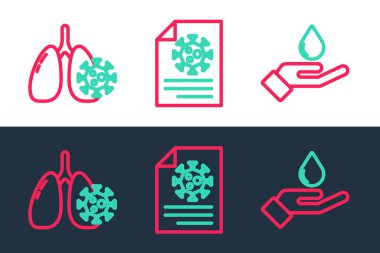 İpi kurula, ellerini sabunla yıka, virüs hücrelerinin akciğeri ve pano kan testi ikonu. Vektör