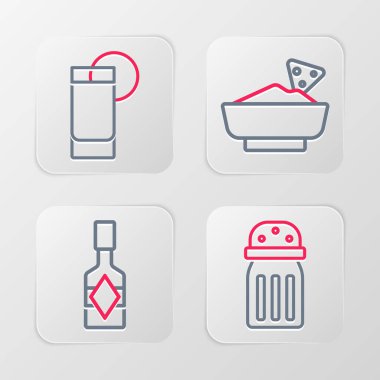 Tuz, acı sos, kasede nachos ve limon ikonlu tekila bardağı. Vektör