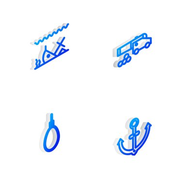 Isometric hattı topu, batık gemi, darağacı halatı asılı halat ve Anchor simgesi ile ayarla. Vektör.