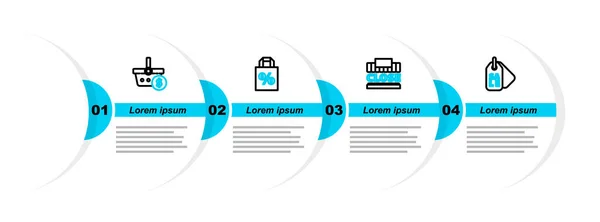 设置线标价与销售 购物大楼和文字关闭 购物袋百分比折扣和篮筐美元图标 — 图库矢量图片