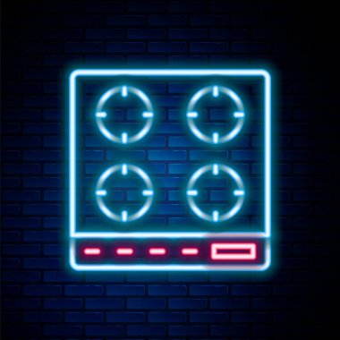 Parlayan neon hattı gaz ocağı ikonu tuğla duvar arka planında izole edilmiş. Mutfak tabelaları. Dört daire ocağı olan bir hob. Renkli taslak konsepti. Vektör