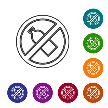 Siyah çizgi. Beyaz arka planda plastik şişe simgesi yok. Simgeleri renk daire düğmelerine ayarla. Vektör İllüstrasyonu.