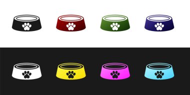 Kedi ya da köpek ikonu için evcil hayvan yemek kasesini siyah ve beyaz arka planda izole et. Köpek ya da kedi pençesi izi. Vektör