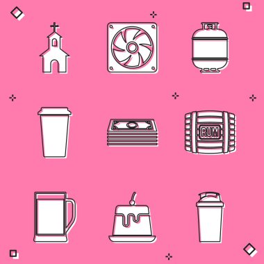 Kilise binası, bilgisayar soğutucusu, propan benzin deposu, kahve fincanı, kağıt para yığını ve rom ikonlu ahşap fıçı. Vektör