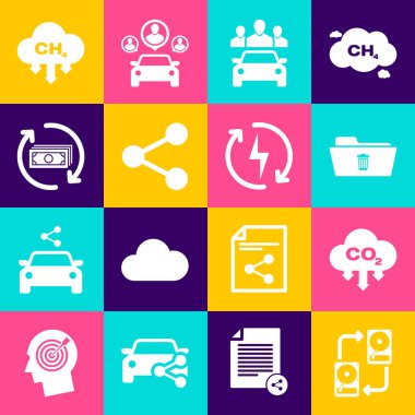 HD ile veri alışverişini, CO2 emisyonlarını bulutta, klasörü sil, araba paylaşımını, parayı paylaş ve iade et simgesini ayarla. Vektör