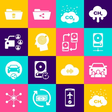 Metan emisyonunu, araba paylaşımını, sabit disk sürücüsü ağını, CO2 bulutunu, kafa avlama konseptini ve simgeyi ayarla. Vektör