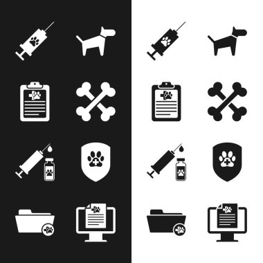 Çapraz kemikler, klinik kayıt evcil hayvanı, aşılı şırınga, köpek ve hayvan sağlığı sigortası ikonu. Vektör