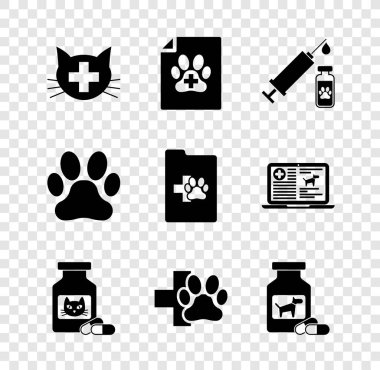 Veteriner kliniği, köpek ya da kedi için tıbbi sertifika, evcil hayvan aşısı şırıngası, kedi ilacı şişesi ve haplar ve köpek ikonu. Vektör