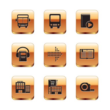 Set otobüsü, otel binası, alışveriş merkezi ya da süpermarket, noktalar oku, ses kitabı, rulet inşaatı ve ikon. Vektör