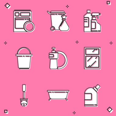 Mutfak bulaşık makinesini, çöp tenekesini ve çöp torbasını temizleme ajansını, kovayı, bulaşık deterjanı tabağını, temizlik servisi pencerelerini, tuvalet fırçasını ve küvet ikonunu hazırla. Vektör