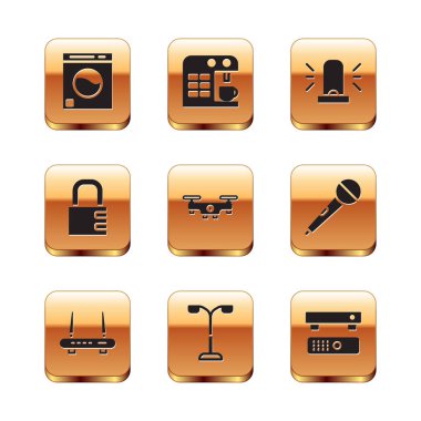 Çamaşır makinesi, Router ve wi-fi sinyali, sokak lambası, İHA uçuşu, güvenli şifreli kilit, Flasher siren, multimedya TV kutusu ve kahve makinesi simgesi ayarla. Vektör