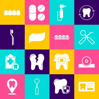 Diş kartı, Otolaryngological baş yansıtıcı, teftiş aynası, diş matkabı, diş macunu, diş fırçası, takma diş ve diş teli ikonu olan dişleri ayarla. Vektör