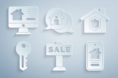 Sale, House Rozeti, Anahtar, Çevrimiçi Emlak Evi, Gerçek Mesaj ve İkona ile Asılma Tabelasını ayarla. Vektör
