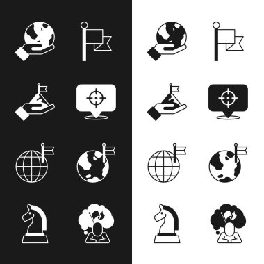 Hedef alın, bayrağı olan dağlar, Dünya 'yı tutan el, bayrak, gezegen, insan ve satranç ikonu. Vektör