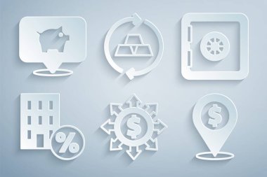 Dolar, paylaşım, ağ, kasa, indirimli ev, nakit konum, altın külçeler ve Piggy Bank ikonu. Vektör