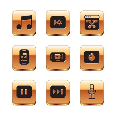 Müzik notası, ton, duraklat tuşu, Hızlı ileri, Çevrimiçi oyun videosu, oyuncu, Video kaydedici düzenleyici, Mikrofon ve ayarlar simgesi. Vektör